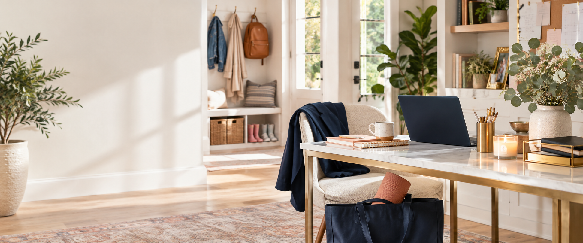 Bright, organized home office with navy, gold and botanical accents